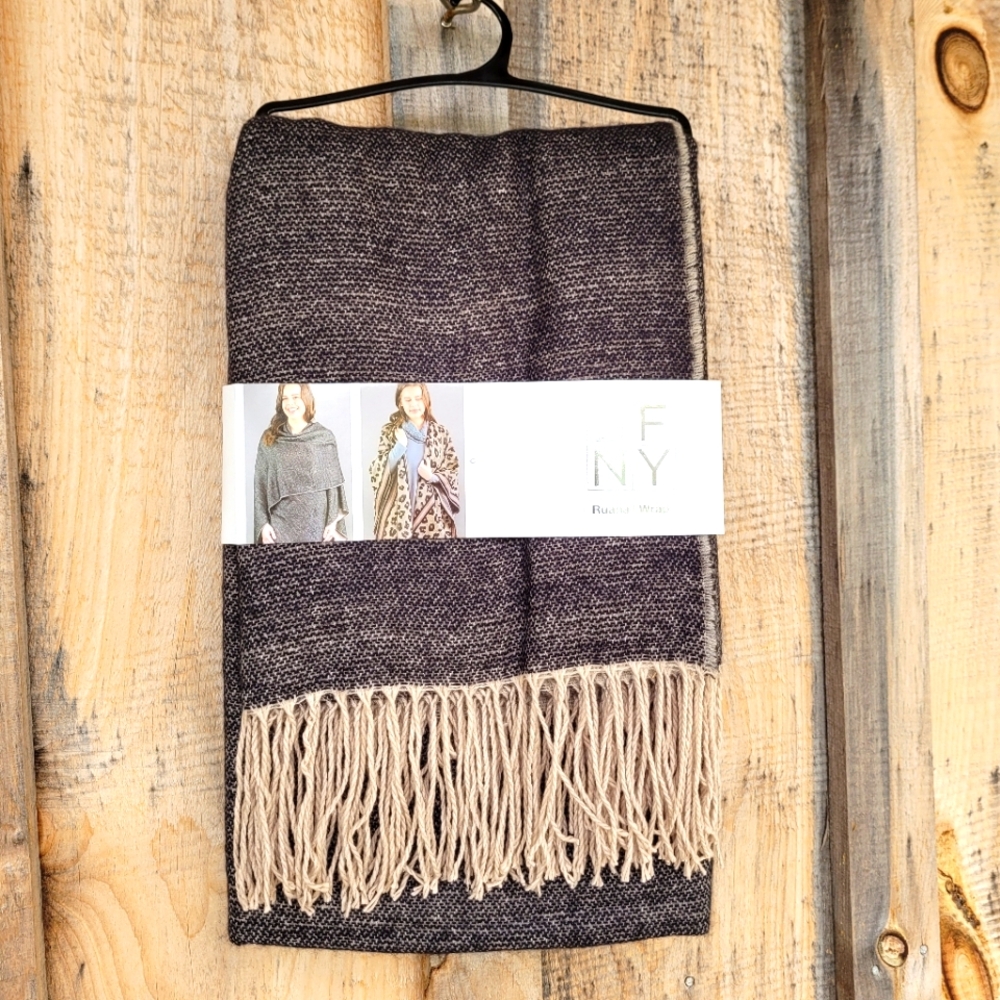 BFNY Ruana Wrap Shawl Fringed Neutrals NWT